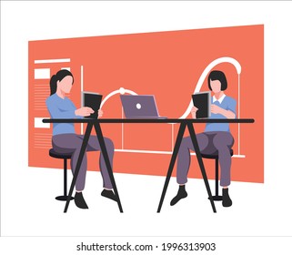 Vector Illustration Design of Creative People in Office Working Together, Brainstorm Concept, Coworking space illustration. Flat Design Cartoon Illustration