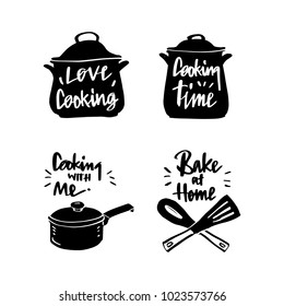 Vector illustration design cuisine , utensils label set and calligraphy, typography lettering love cooking, cooking time, cooking with me, bake at home.