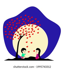 Ilustración vectorial o diseño de una pareja linda compartiendo sus momentos de amor en la noche de la luna 