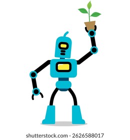 vector illustration design of cute eco friendly robot with plant in his hand, isolated on white background