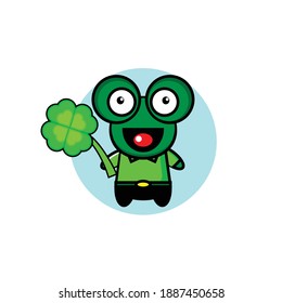 Vector illustration design of cute frog holding lucky leaf