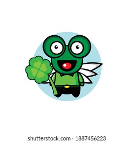 Vector illustration design of cute frog holding lucky leaf