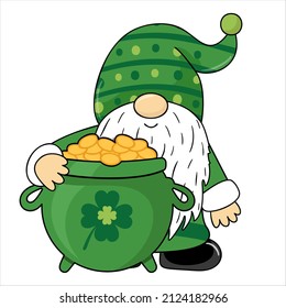 
 Vector illustration design cute gnome for St Patrick's Day. Cartoon style. Gnome with a pot of gold. Gnome with clover leaf for St Patrick's Day