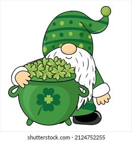 Vector illustration design cute gnome for St Patrick's Day. Cartoon style. Gnome with a pot. Gnome with clover leaf for St Patrick's Day
