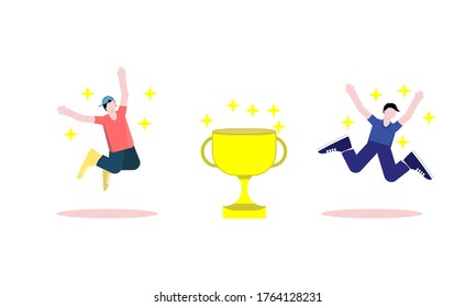 Vector Illustration design of  cute happy people win first prize  and get pize money .flat style illustration. character design.