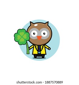 Vector illustration design, cute owl carrying a lucky leaf