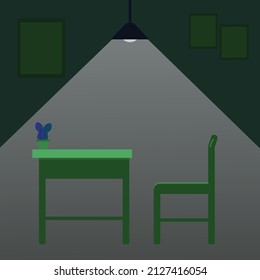 Vector Illustration Of A Design Of A Dark Room With A Lamp Above It, An Interrogation Room With A Dim Light, Grayish, Dark Green In Color. Suitable For Templates, Backgrounds, Posters And Banners.