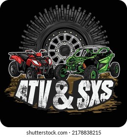 vector illustration design of dashing green color sxs vehicle and red color atv on big wheel background