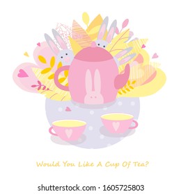 Vector illustration for design and decor card; pink teapot, two little cups and bunch of elements behind; floral branch, leaves, colorful hearts, cute bunnies.