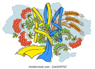 Vector illustration design, decorative version of the state symbol of Ukraine trident. Ribbon in the colors of the blue and yellow flag on the background of the silhouette of the map