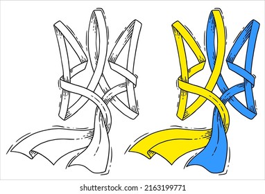 Vector illustration design, decorative version of the state symbol of Ukraine trident. Ribbon in blue and yellow flag