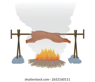 design de ilustração vetorial de um veado assado sobre um fogo ardente