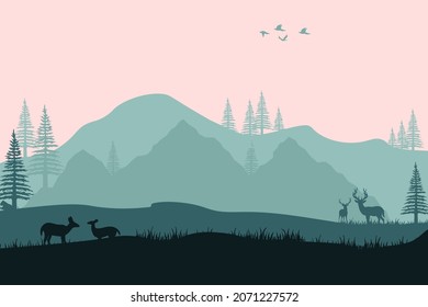 vector illustration design Deer stag buck silhouette with pine, evergreen, fir, hemlock, spruce, conifer eps 10