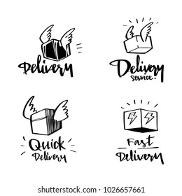 vector illustration design delivery logo and label collection set with calligraphy lettering, doodle style.