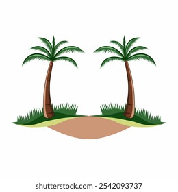 Projeto de ilustração vetorial representando duas palmeiras ao lado de um caminho arenoso, cercado por grama verde exuberante. Ideal para temas tropicais ou de férias, evocando sentimentos de relaxamento e serenidade.