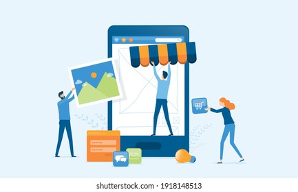 vector illustration design developer and designer team create online shop on mobile phone concept