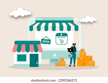 vector illustration design developer and designer team create online shop on websites concept.