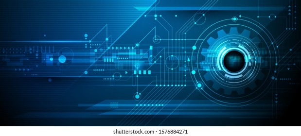 Vector illustration design, digital eyeball and line on circuit board. High tech computer, science technology. Abstract futuristic communication concept. Dark blue color background