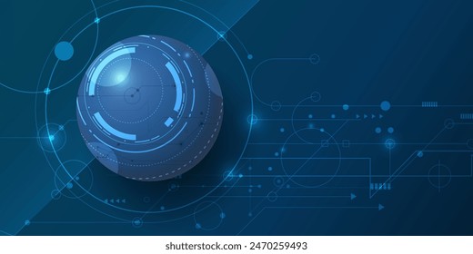 Vector illustration design, digital eyeball and line on circuit board. High tech computer, science technology. Abstract futuristic communication concept. Dark blue color background