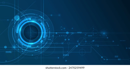 Diseño de Ilustración vectorial, globo ocular digital y línea en placa de circuito. Computadora de alta tecnología, ciencia y tecnología. Abstractas concepto de comunicación futurista. Fondo de color azul oscuro