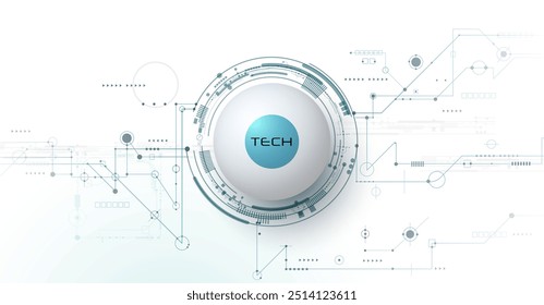 Vector illustration design, digital eyeball and line on circuit board. High tech computer, science technology. Abstract futuristic communication concept. Dark blue color background