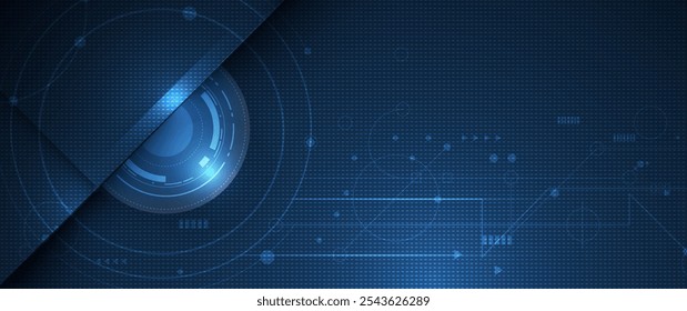 Diseño de Ilustración vectorial, globo ocular digital y línea en placa de circuito. Informática de alta tecnología, ciencia y tecnología. Abstractas futurista, datos, concepto de comunicación de datos. Fondo de color azul oscuro