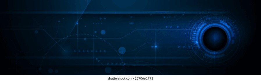 Vector illustration design, digital eyeball and line on circuit board. High tech computer, science technology. Abstract futuristic communication concept. Dark blue color background