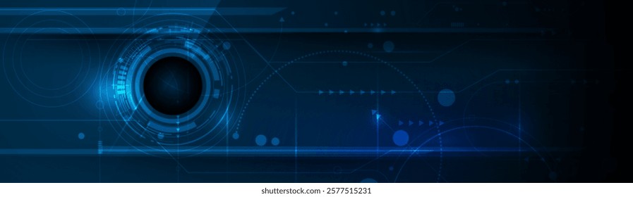 Vector illustration design, digital eyeball and line on circuit board. High tech computer, science technology. Abstract futuristic communication concept. Dark blue color background