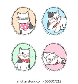 Vector illustration design draw set vintage frame of cute cat.Doodle style.