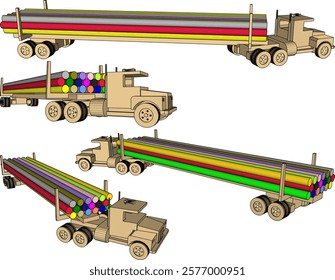 vector illustration design drawing of children's toy traditional ethnic wooden trailer truck carrying concrete