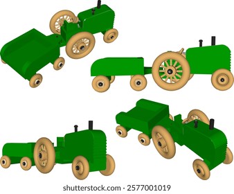 vector illustration design drawing of children's toy classic vintage transport tractor car made from traditional ethnic wood