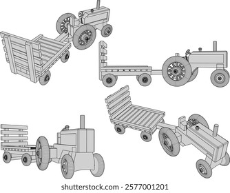 vector illustration design drawing of children's toy classic vintage transport tractor car made from traditional ethnic wood