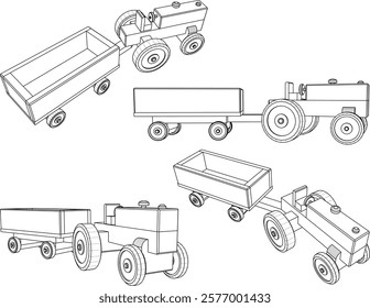 vector illustration design drawing of children's toy classic vintage transport tractor car made from traditional ethnic wood