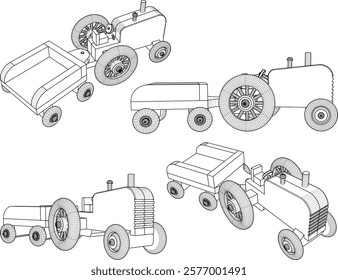 vector illustration design drawing of children's toy classic vintage transport tractor car made from traditional ethnic wood