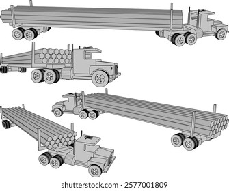 vector illustration design drawing of children's toy traditional ethnic wooden trailer truck carrying concrete