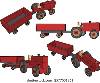 vector illustration design drawing of children's toy classic vintage transport tractor car made from traditional ethnic wood