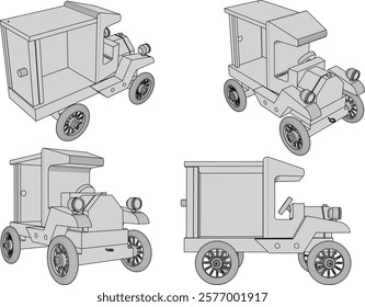 vector illustration design drawing of children's toy classic vintage car made from traditional ethnic wood