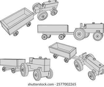 vector illustration design drawing of children's toy classic vintage transport tractor car made from traditional ethnic wood