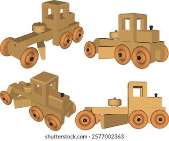 vector illustration design drawing of children's toy classic vintage car made from traditional ethnic wood