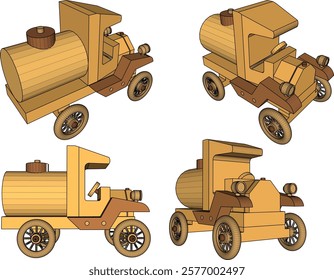 vector illustration design drawing of children's toy classic vintage car made from traditional ethnic wood