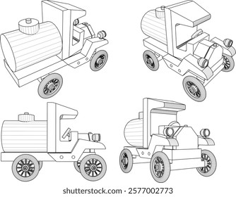 vector illustration design drawing of children's toy classic vintage car made from traditional ethnic wood