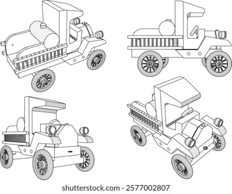 vector illustration design drawing of children's toy classic vintage car made from traditional ethnic wood