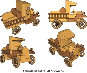 vector illustration design drawing of children's toy classic vintage car made from traditional ethnic wood