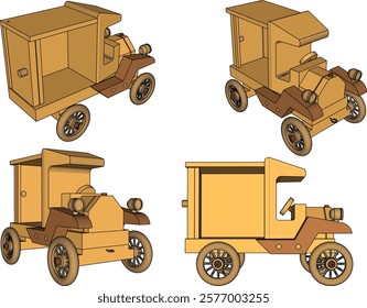 vector illustration design drawing of children's toy classic vintage car made from traditional ethnic wood