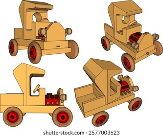 vector illustration design drawing of children's toy classic vintage car made from traditional ethnic wood