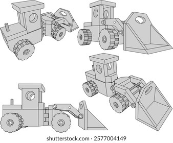 vector illustration design drawing of children's toy car construction tractor made from traditional ethnic wood