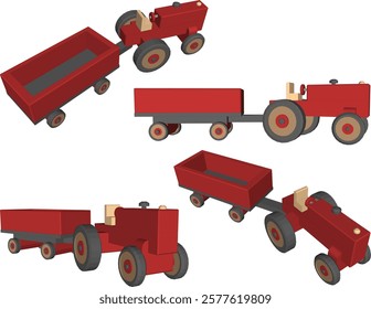 vector illustration design drawing of children's toy classic vintage transport tractor car made from traditional ethnic wood