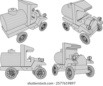 vector illustration design drawing of children's toy classic vintage car made from traditional ethnic wood