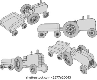 vector illustration design drawing of children's toy classic vintage transport tractor car made from traditional ethnic wood