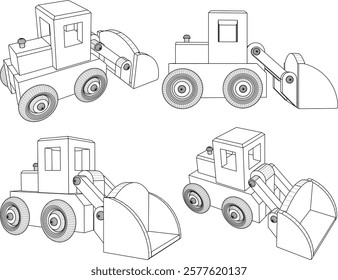 vector illustration design drawing of children's toy car construction tractor made from traditional ethnic wood